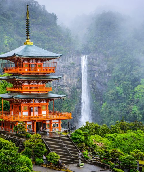 Nachi, Japan at Nachi Taisha Shrine Pagoda and waterfall.